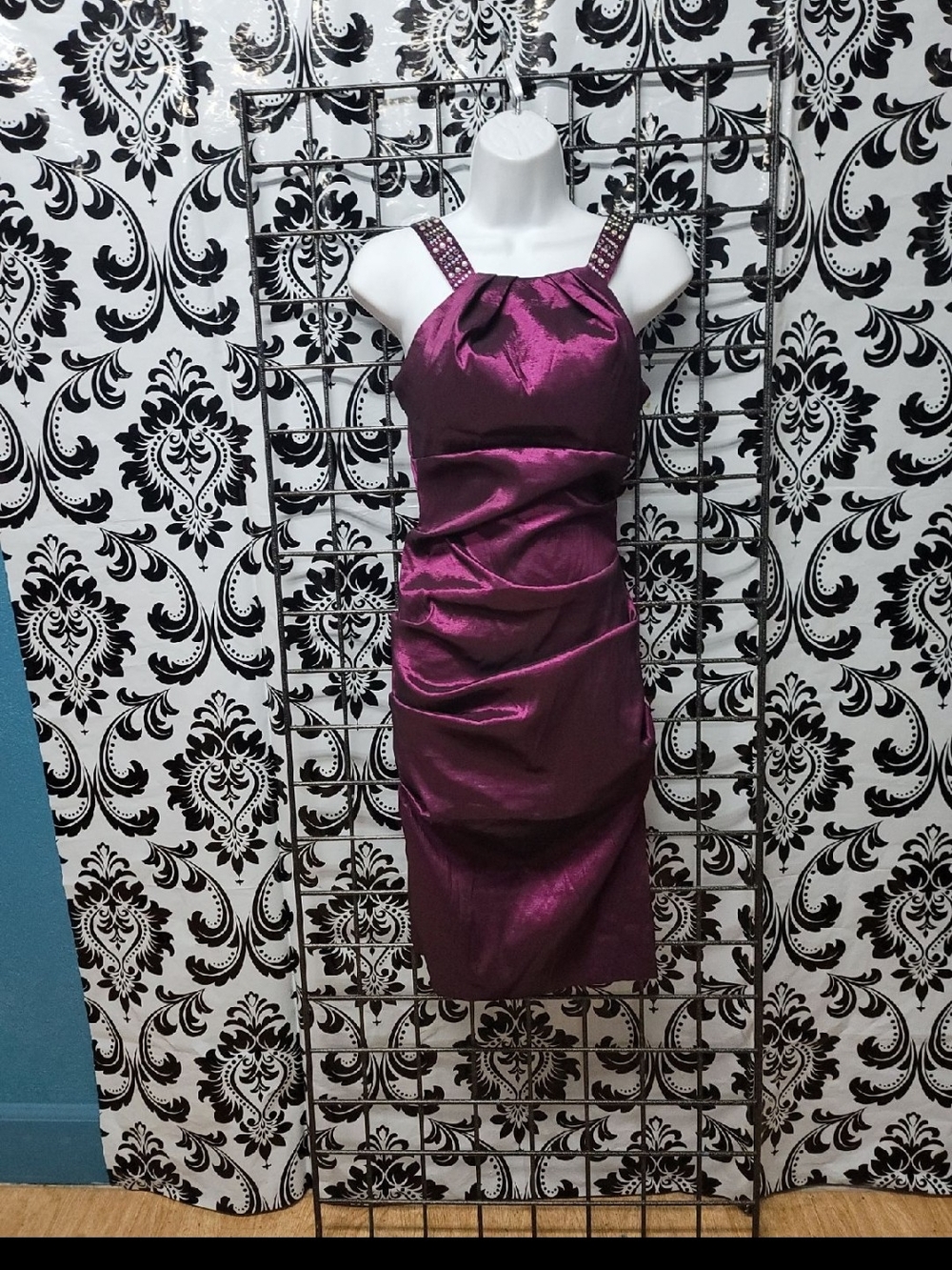 Sally Miller Shimmering Plum Midi Dress with Embellished Straps